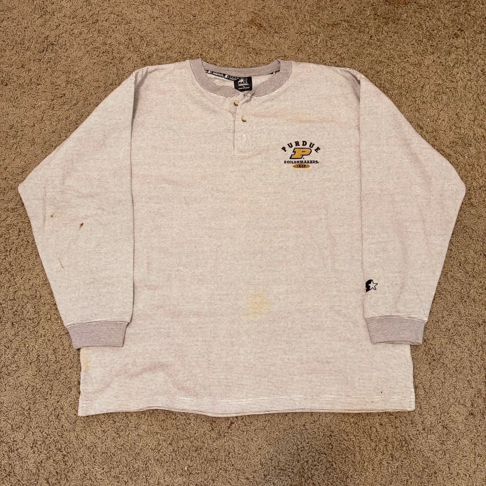 Vintage Starter Purdue Boilermakers Henley Shirt Mens XL Grey Long Sleeve Stripe
